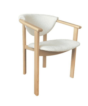 Beech Wood Upholstered Armchair — Curved Back, Padded Boucle Seat