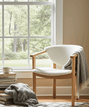 Beech Wood Upholstered Armchair — Curved Back, Padded Boucle Seat