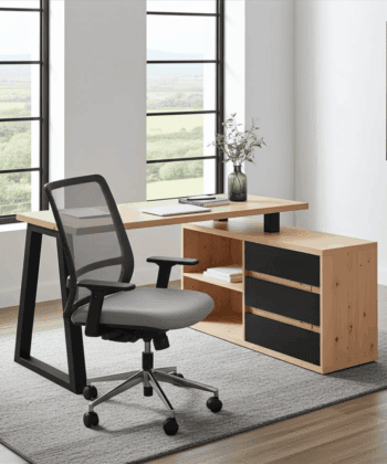 II Office Set — Artisan Oak Desk with Black Accents + Under‑Desk Cabinet with 3 Drawers, Laminate Finish