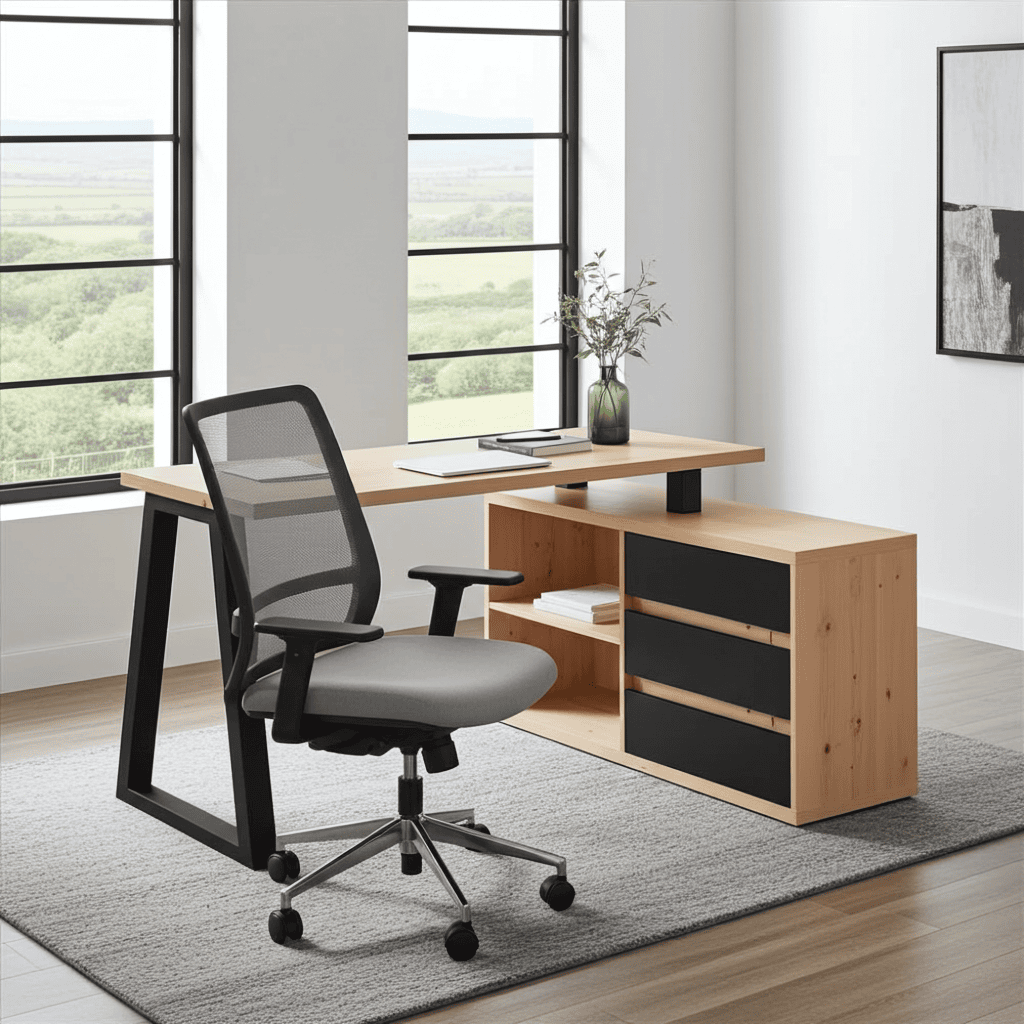 II Office Set — Artisan Oak Desk with Black Accents + Under‑Desk Cabinet with 3 Drawers, Laminate Finish