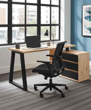 II Office Set — Artisan Oak Desk with Black Accents + Under‑Desk Cabinet with 3 Drawers, Laminate Finish