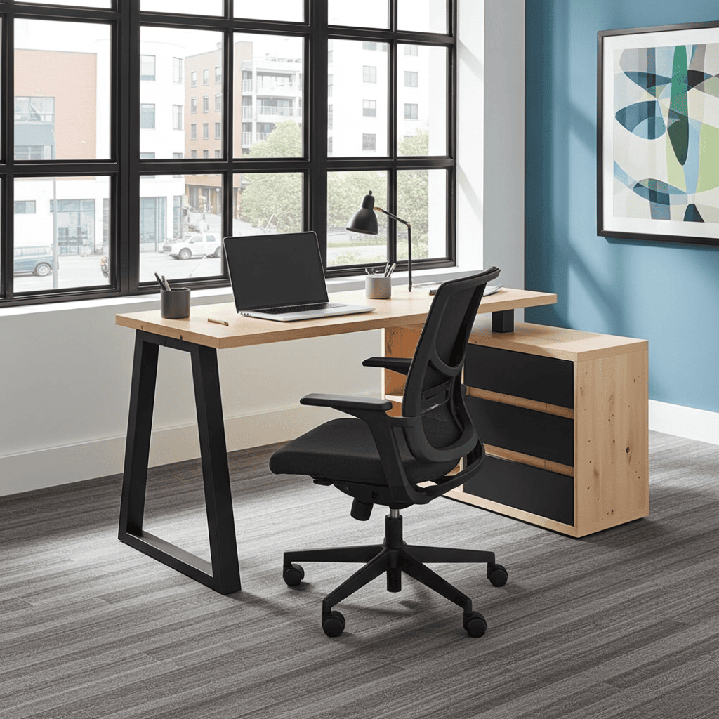 II Office Set — Artisan Oak Desk with Black Accents + Under‑Desk Cabinet with 3 Drawers, Laminate Finish