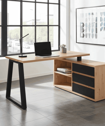II Office Set — Artisan Oak Desk with Black Accents + Under‑Desk Cabinet with 3 Drawers, Laminate Finish