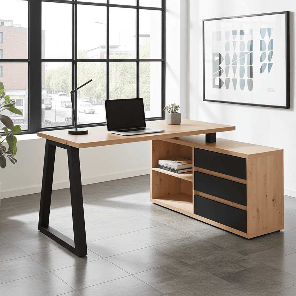 II Office Set — Artisan Oak Desk with Black Accents + Under‑Desk Cabinet with 3 Drawers, Laminate Finish