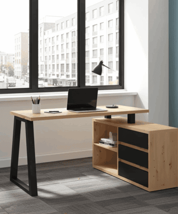 II Office Set — Artisan Oak Desk with Black Accents + Under‑Desk Cabinet with 3 Drawers, Laminate Finish