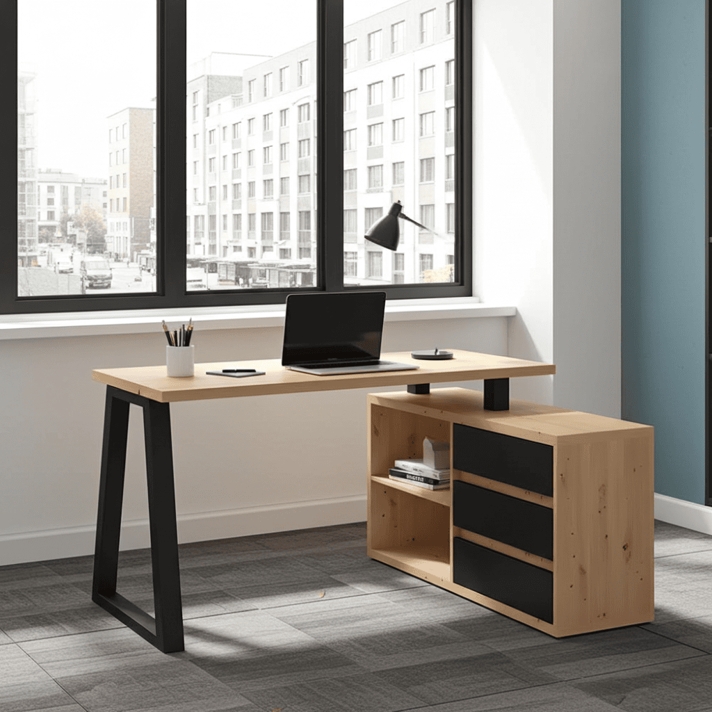 II Office Set — Artisan Oak Desk with Black Accents + Under‑Desk Cabinet with 3 Drawers, Laminate Finish