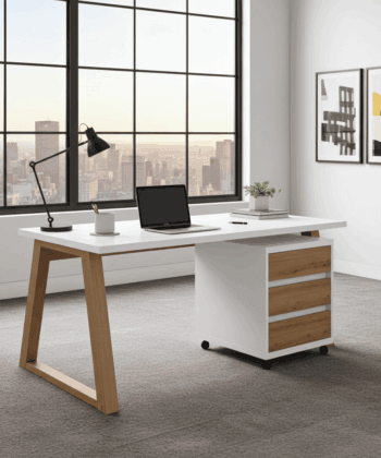 II Office Set — Artisan Oak Desk with Black Accents + Under‑Desk Cabinet with 3 Drawers, Laminate Finish