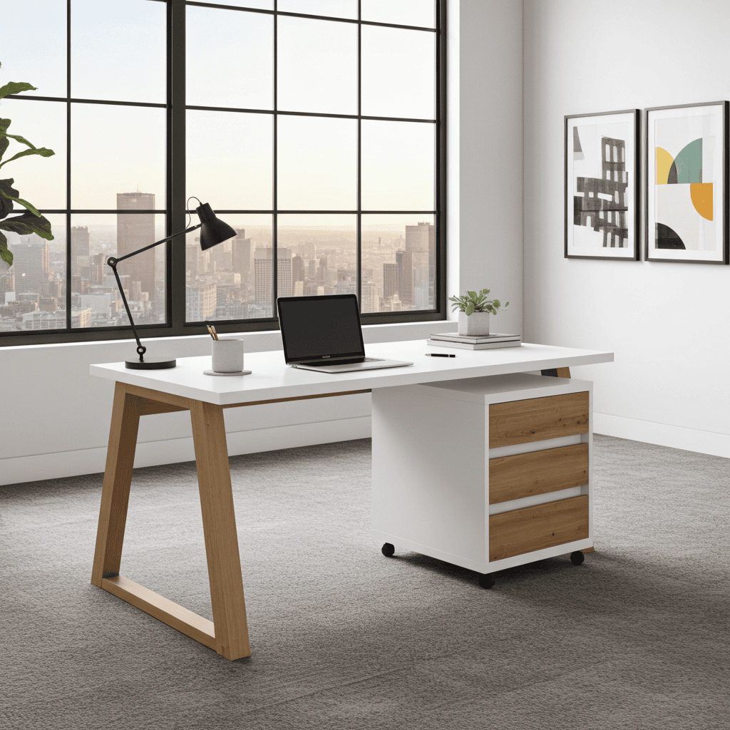 II Office Set — Artisan Oak Desk with Black Accents + Under‑Desk Cabinet with 3 Drawers, Laminate Finish