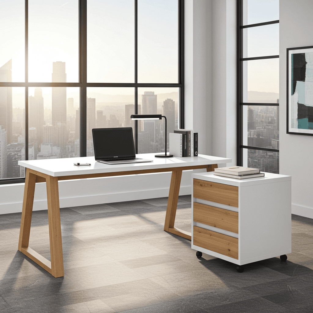II Office Set — Artisan Oak Desk with Black Accents + Under‑Desk Cabinet with 3 Drawers, Laminate Finish