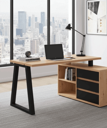 II Office Set — Artisan Oak Desk with Black Accents + Under‑Desk Cabinet with 3 Drawers, Laminate Finish