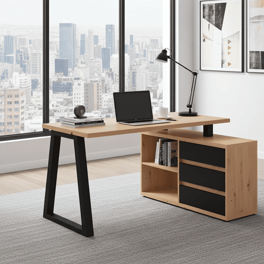II Office Set — Artisan Oak Desk with Black Accents + Under‑Desk Cabinet with 3 Drawers, Laminate Finish