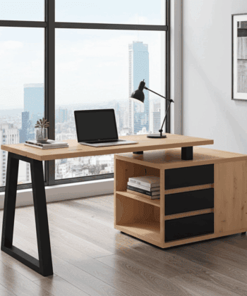 II Office Set — Artisan Oak Desk with Black Accents + Under‑Desk Cabinet with 3 Drawers, Laminate Finish
