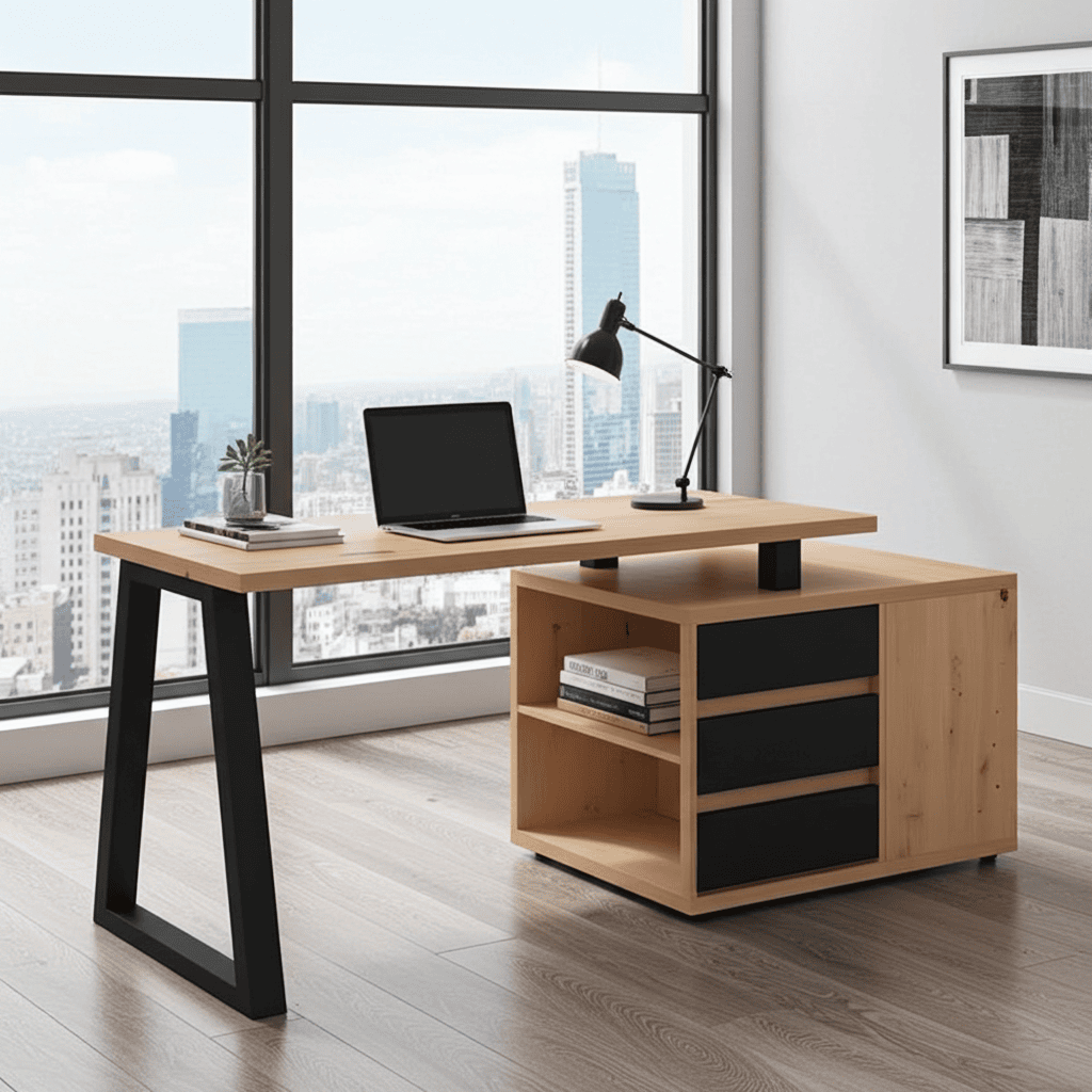 II Office Set — Artisan Oak Desk with Black Accents + Under‑Desk Cabinet with 3 Drawers, Laminate Finish