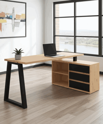 II Office Set — Artisan Oak Desk with Black Accents + Under‑Desk Cabinet with 3 Drawers, Laminate Finish