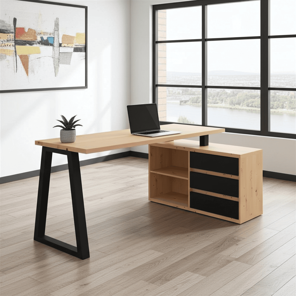 II Office Set — Artisan Oak Desk with Black Accents + Under‑Desk Cabinet with 3 Drawers, Laminate Finish