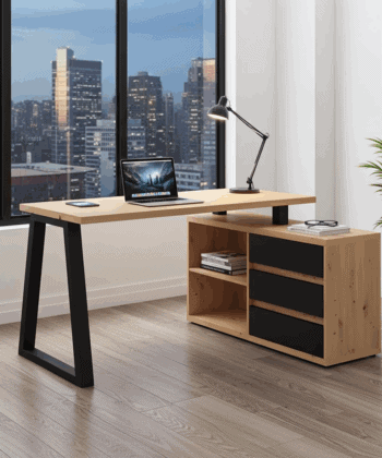 II Office Set — Artisan Oak Desk with Black Accents + Under‑Desk Cabinet with 3 Drawers, Laminate Finish