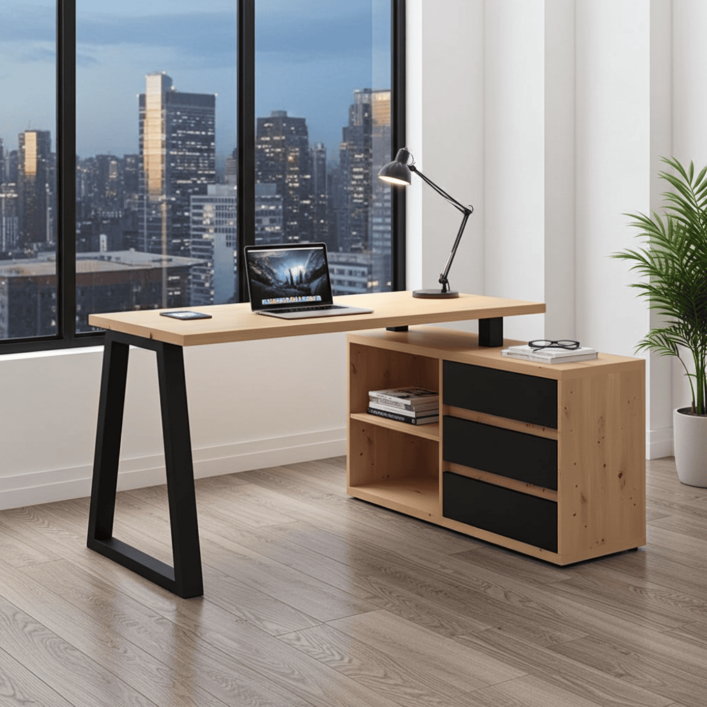 II Office Set — Artisan Oak Desk with Black Accents + Under‑Desk Cabinet with 3 Drawers, Laminate Finish