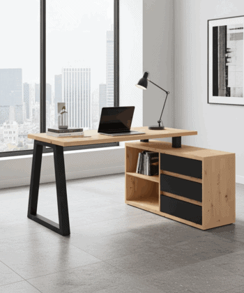 II Office Set — Artisan Oak Desk with Black Accents + Under‑Desk Cabinet with 3 Drawers, Laminate Finish