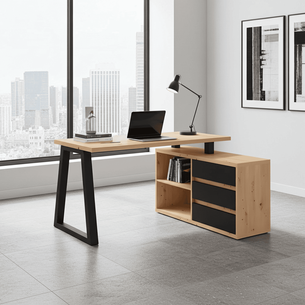 II Office Set — Artisan Oak Desk with Black Accents + Under‑Desk Cabinet with 3 Drawers, Laminate Finish