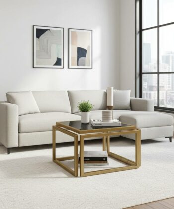 Levitas Gold Coffee Table – Floating Design, Old-Gold Frame, Smoked Glass Top