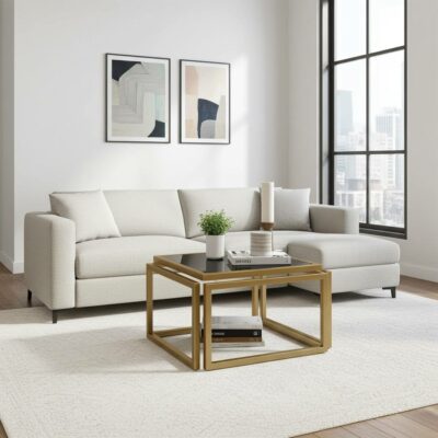 Levitas Gold Coffee Table – Floating Design, Old-Gold Frame, Smoked Glass Top