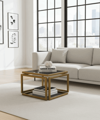 Levitas Gold Coffee Table – Floating Design, Old-Gold Frame, Smoked Glass Top