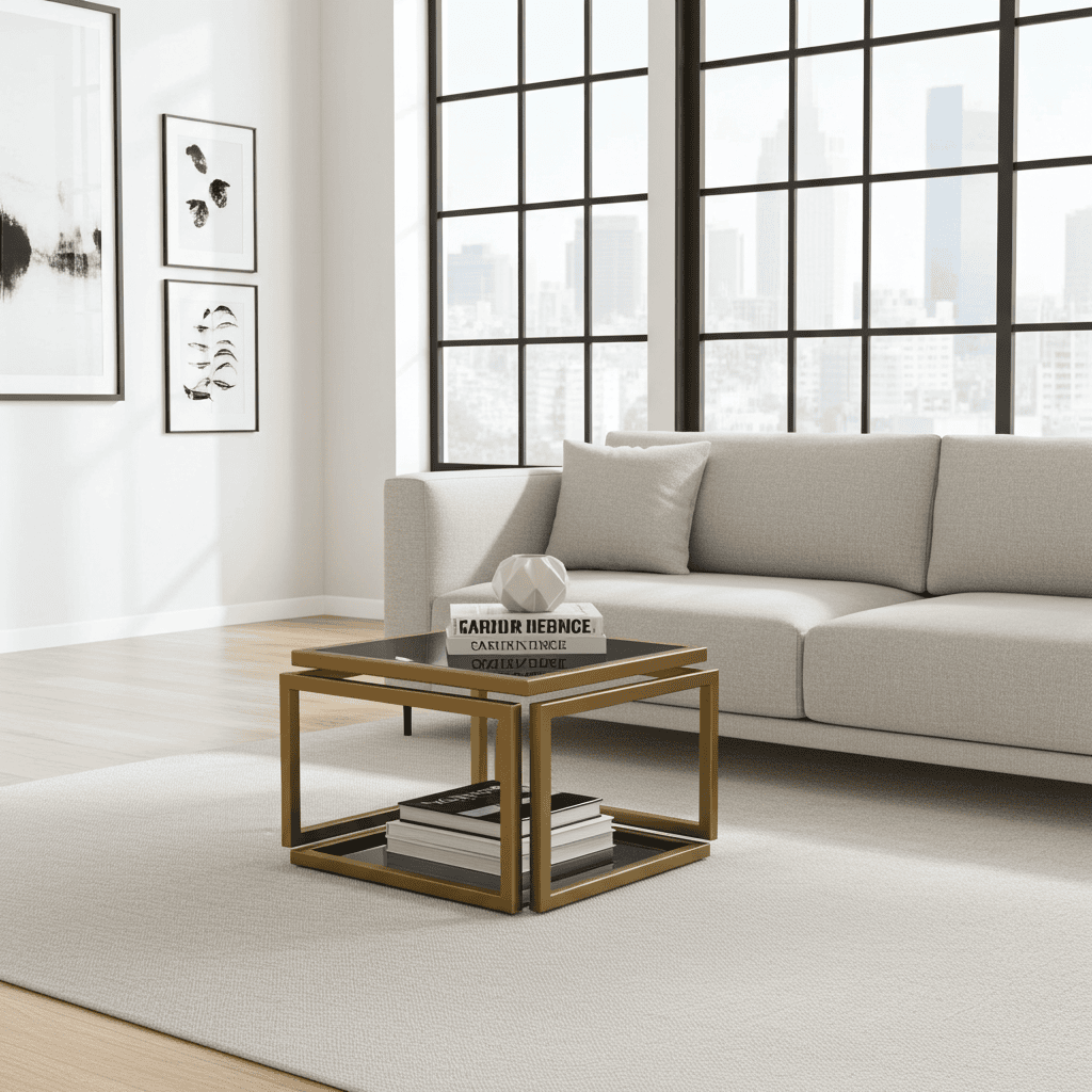 Levitas Gold Coffee Table – Floating Design, Old-Gold Frame, Smoked Glass Top