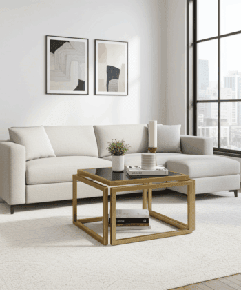 Levitas Gold Coffee Table – Floating Design, Old-Gold Frame, Smoked Glass Top