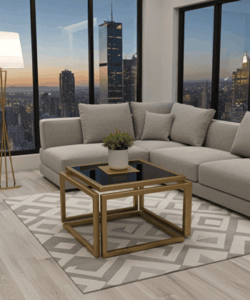 Levitas Gold Coffee Table – Floating Design, Old-Gold Frame, Smoked Glass Top