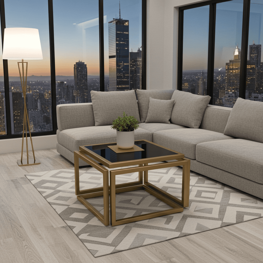 Levitas Gold Coffee Table – Floating Design, Old-Gold Frame, Smoked Glass Top