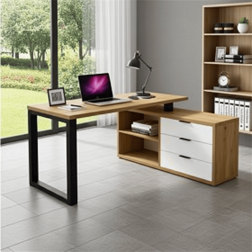 MebMax 2 Office Set — Artisan Oak Desk with Black Frame + Chest with Drawers in Artisan Oak/White Matt, Universal Left/Right