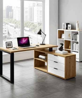 MebMax 2 Office Set — Artisan Oak Desk with Black Frame + Chest with Drawers in Artisan Oak/White Matt, Universal Left/Right