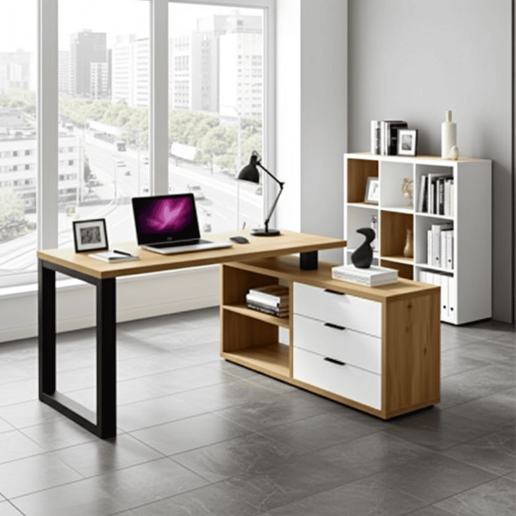 MebMax 2 Office Set — Artisan Oak Desk with Black Frame + Chest with Drawers in Artisan Oak/White Matt, Universal Left/Right