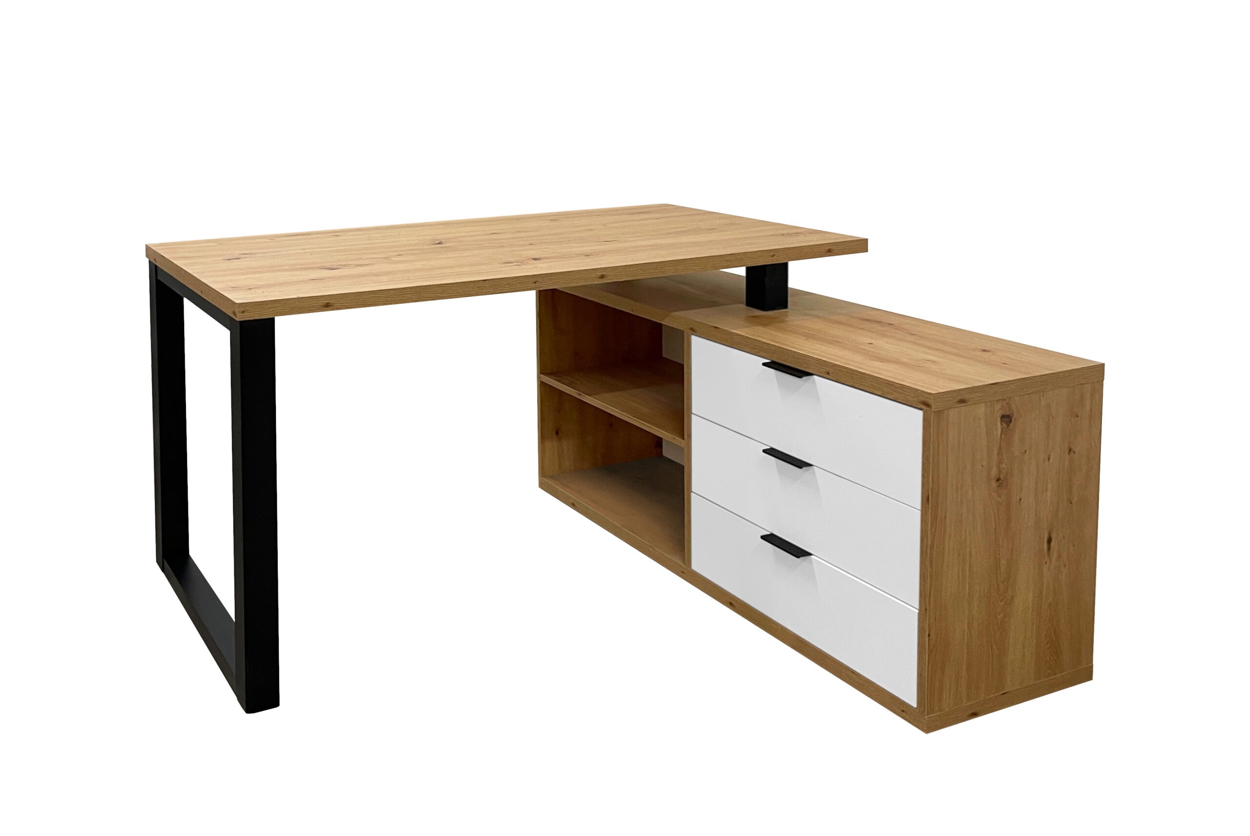 MebMax 2 Office Set — Artisan Oak Desk with Black Frame + Chest with Drawers in Artisan Oak/White Matt, Universal Left/Right