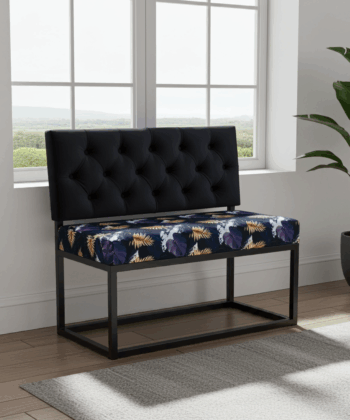 Modern Loft Metal-Framed Bench with Tufted Black Backrest