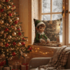 Festive Holiday Cushion with Elf Baking Scene