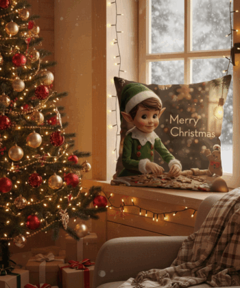 Festive Holiday Cushion with Elf Baking Scene
