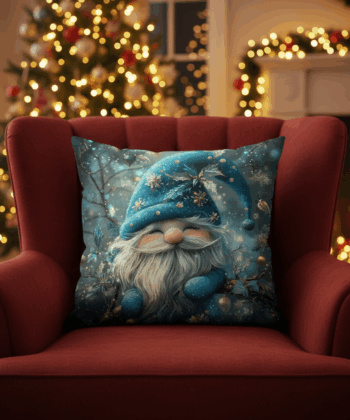Handcrafted Christmas Pillow with Blue Winter Gnome