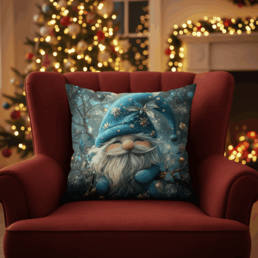 Handcrafted Christmas pillow featuring a whimsical blue winter gnome against a snowy background, designed for festive home decor.