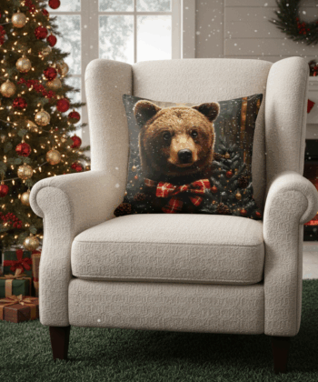 Handcrafted Christmas Pillow with Festive Bear and Plaid Bow