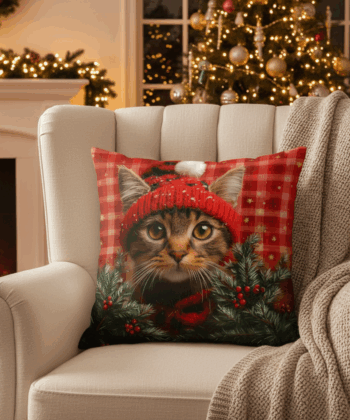 Handcrafted Christmas Pillow with Festive Cat