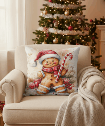 Handcrafted Christmas Pillow with Festive Gingerbread Man