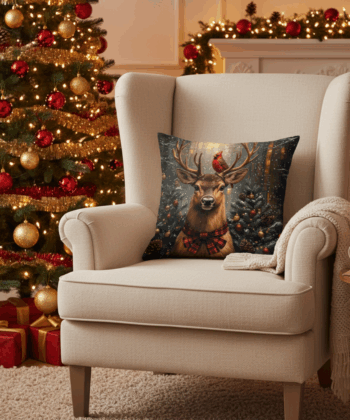 Handcrafted Christmas Pillow with Festive Reindeer and Cardinal
