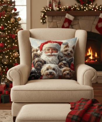 Handcrafted Christmas Pillow with Santa and a Pack of Dogs