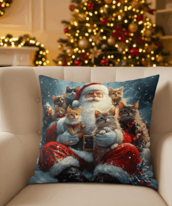 Handcrafted Christmas Pillow with Santa and Cats