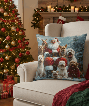 Handcrafted Christmas Pillow with Santa and Dogs