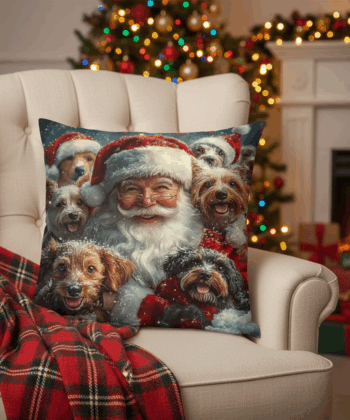 Handcrafted Christmas Pillow with Santa and Dogs  H2 Title 1