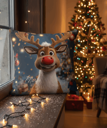 Merry Christmas Reindeer Pillow – Cute Red-Nosed Reindeer