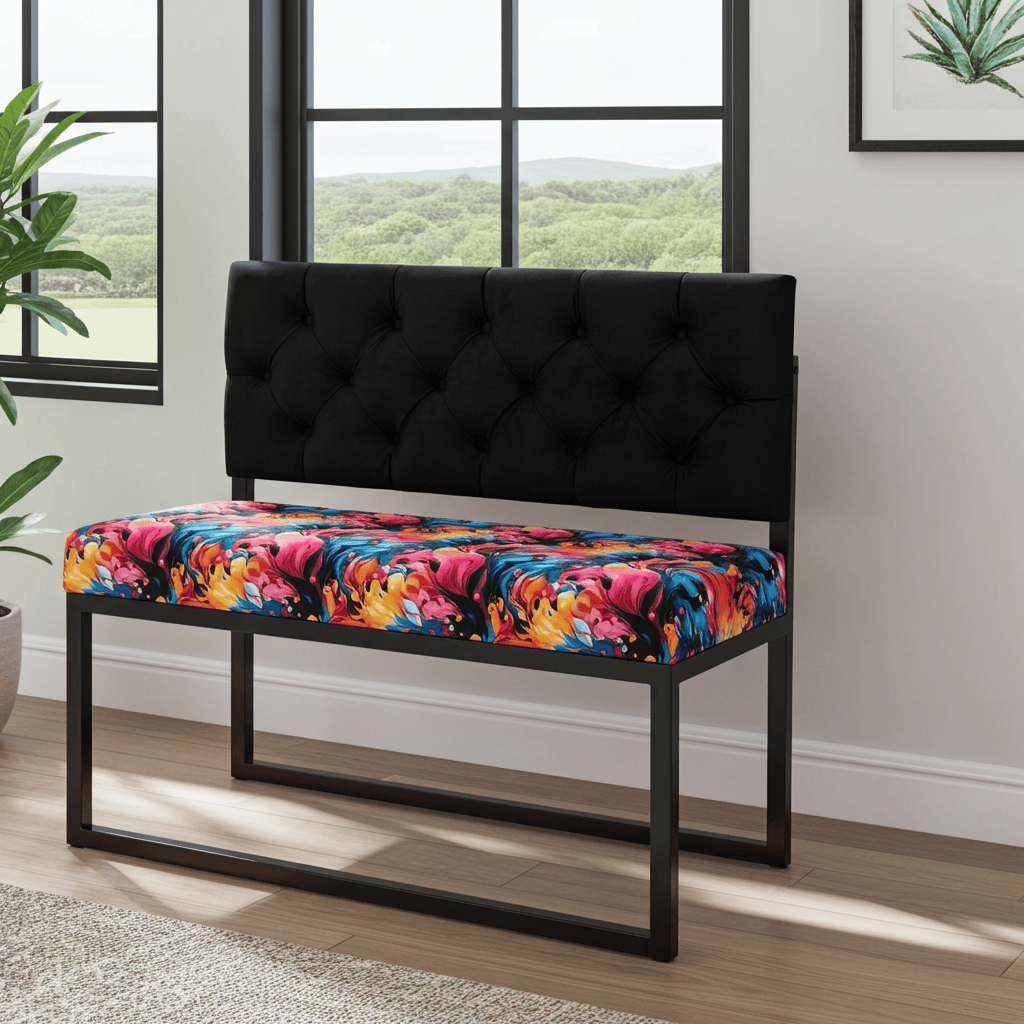 Modern Loft Metal-Framed Bench with Tufted Backrest