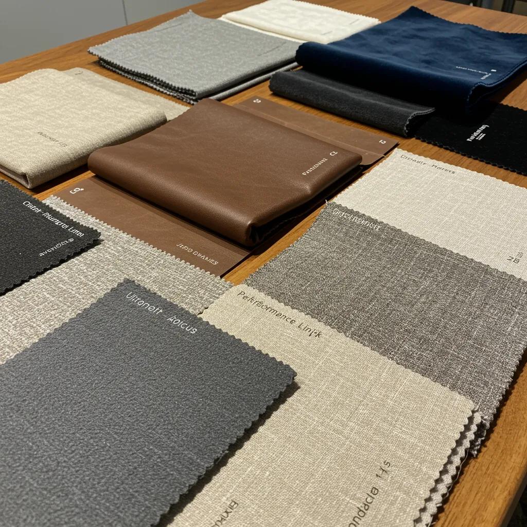 Array of upholstery fabric swatches for wooden armchairs, showcasing textures and colors